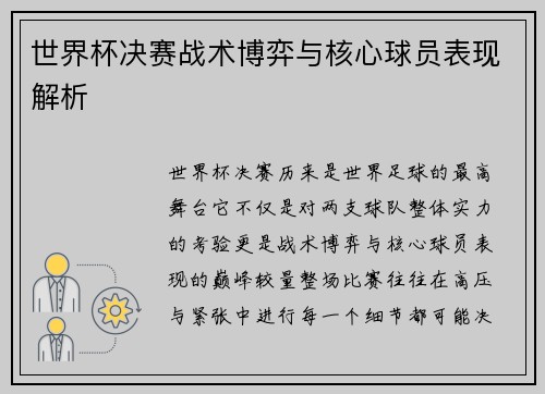 世界杯决赛战术博弈与核心球员表现解析